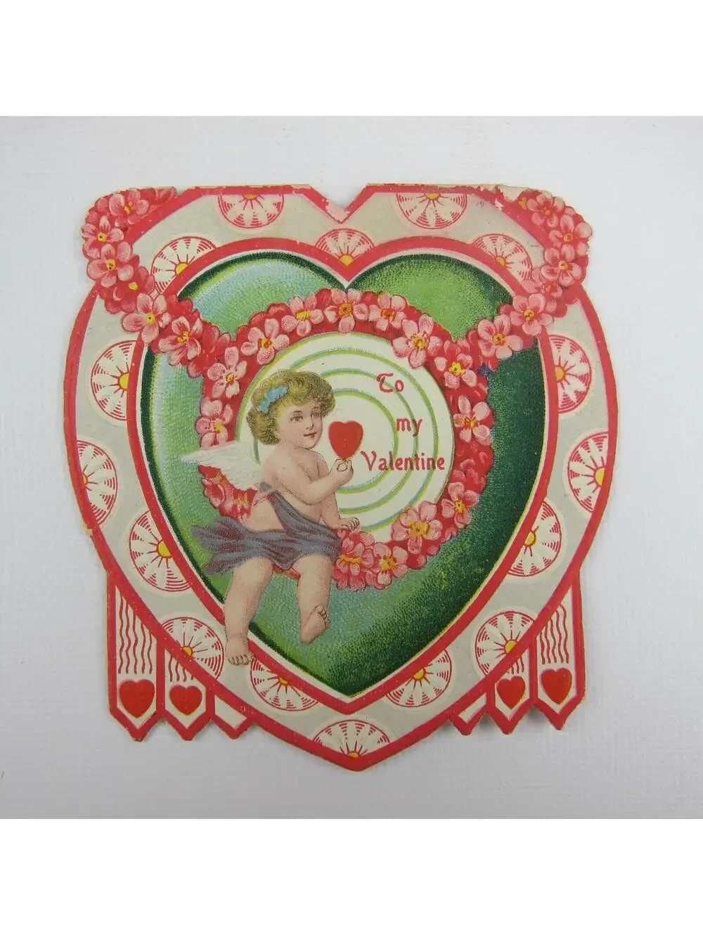 Vintage Valentine Card Die cut Blonde Cupid Target Red Heart Bullseye Flowers
